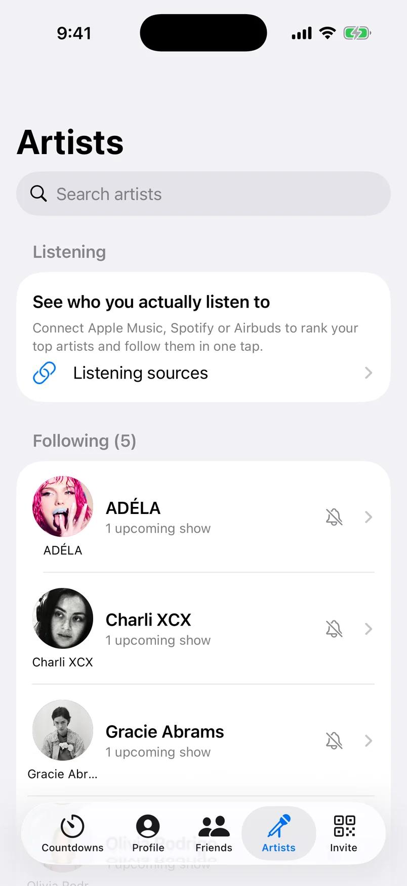The Artists tab with followed artists and tour-alert bells