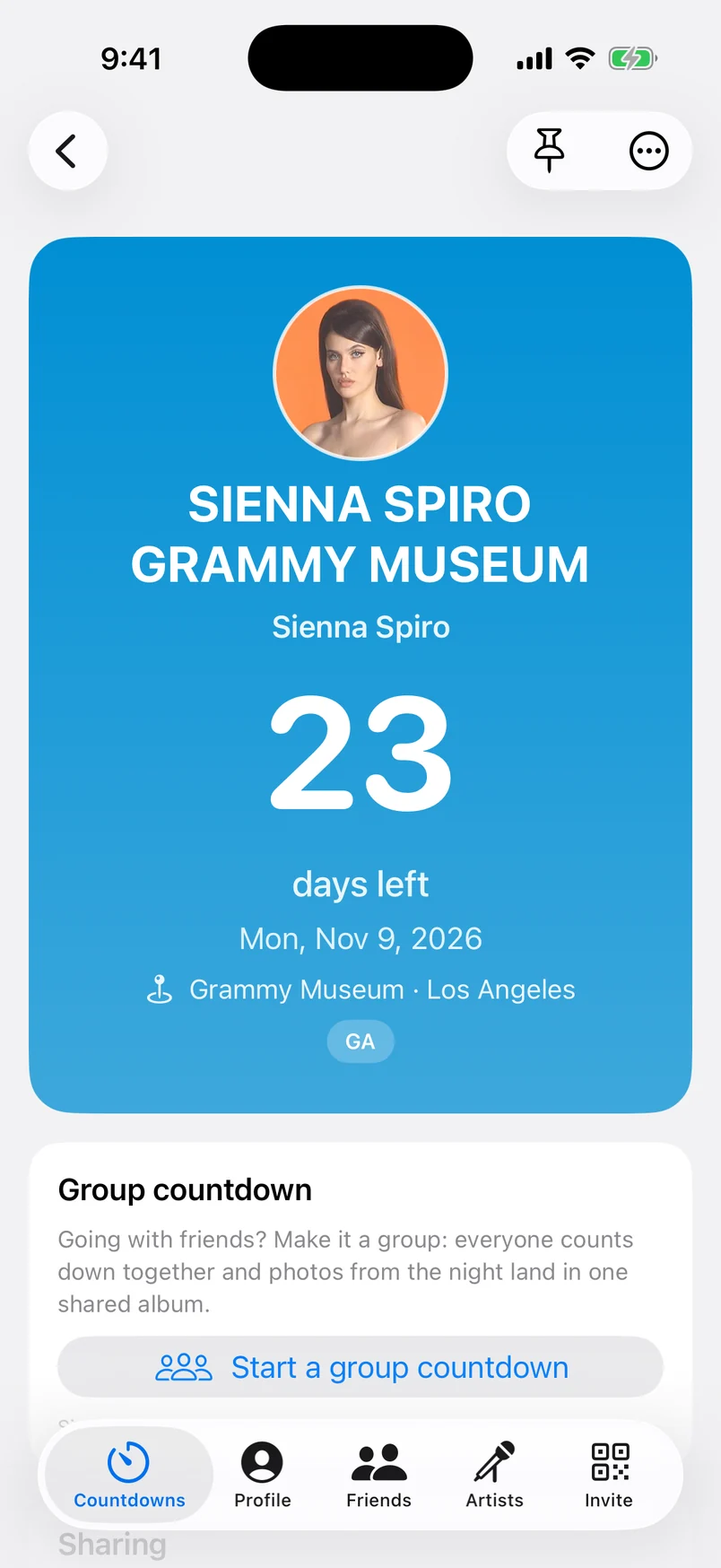 A show detail screen with a 23-day countdown